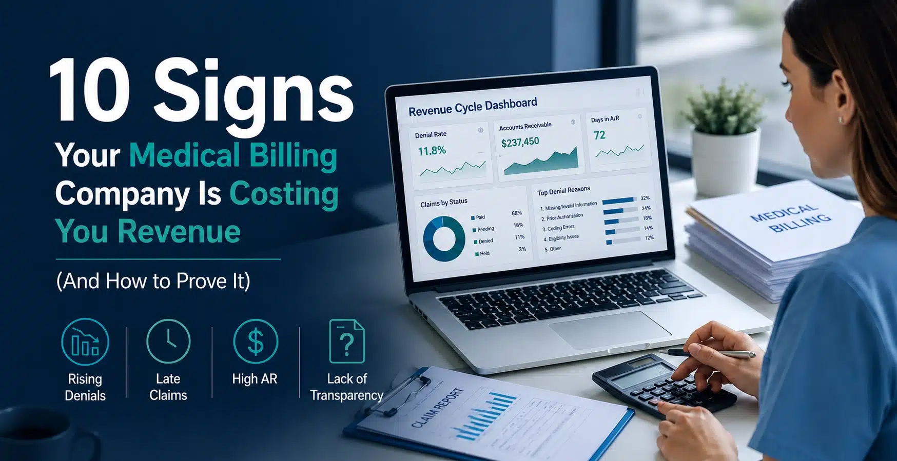 Medical billing manager reviewing revenue cycle dashboard showing denial rates, accounts receivable, and claims status on laptop.