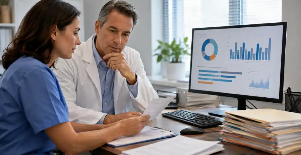 Physician and medical biller reviewing an aged accounts receivable report beside an AR aging dashboard