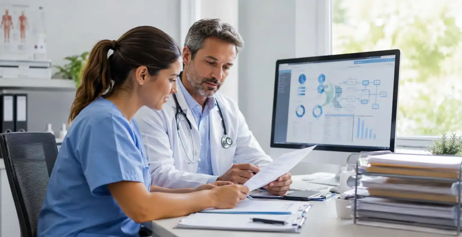 Physician and billing staff member reviewing medical billing documents at a small practice office with revenue cycle management dashboards on screen